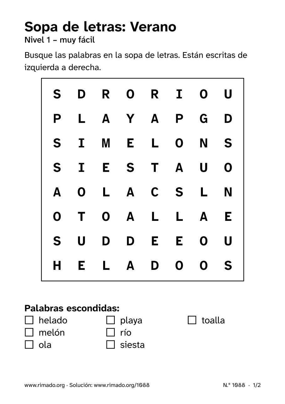 Vista previa de la hoja impresa: Sopa de letras «Verano», n.º 1088