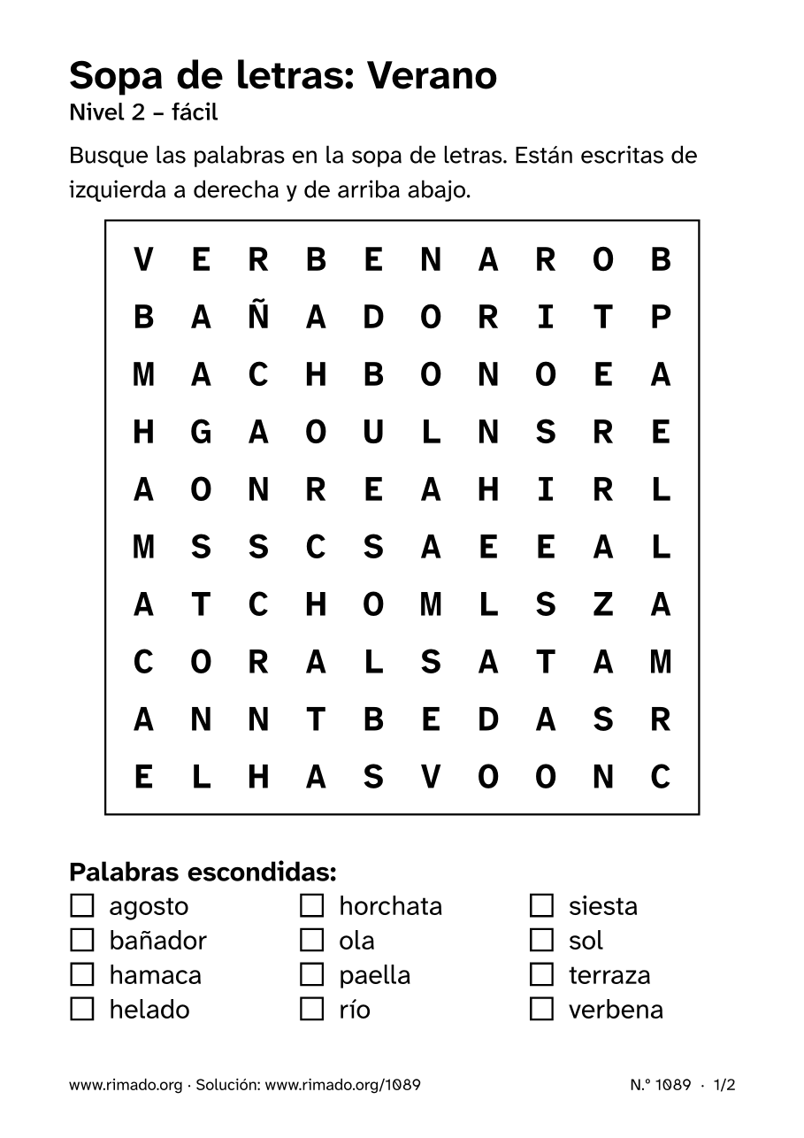 Vista previa de la hoja impresa: Sopa de letras «Verano», n.º 1089