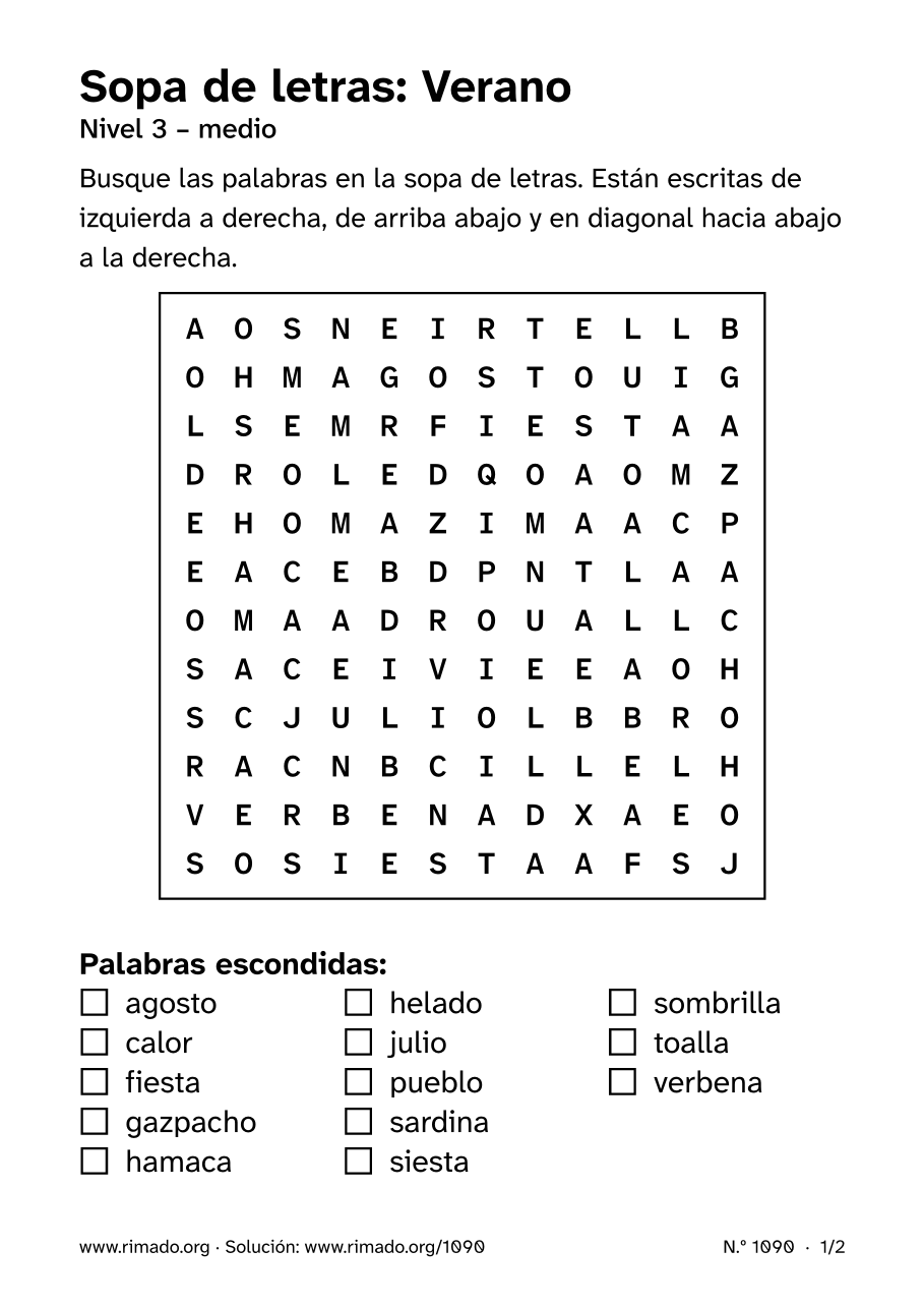 Vista previa de la hoja impresa: Sopa de letras «Verano», n.º 1090
