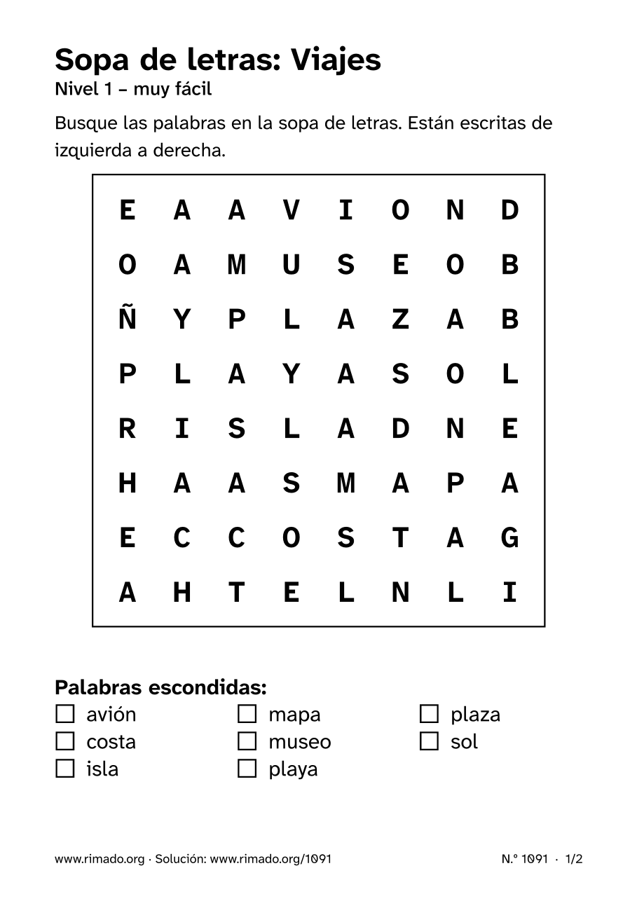 Vista previa de la hoja impresa: Sopa de letras «Viajes», n.º 1091