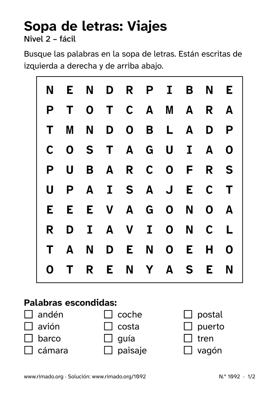 Vista previa de la hoja impresa: Sopa de letras «Viajes», n.º 1092