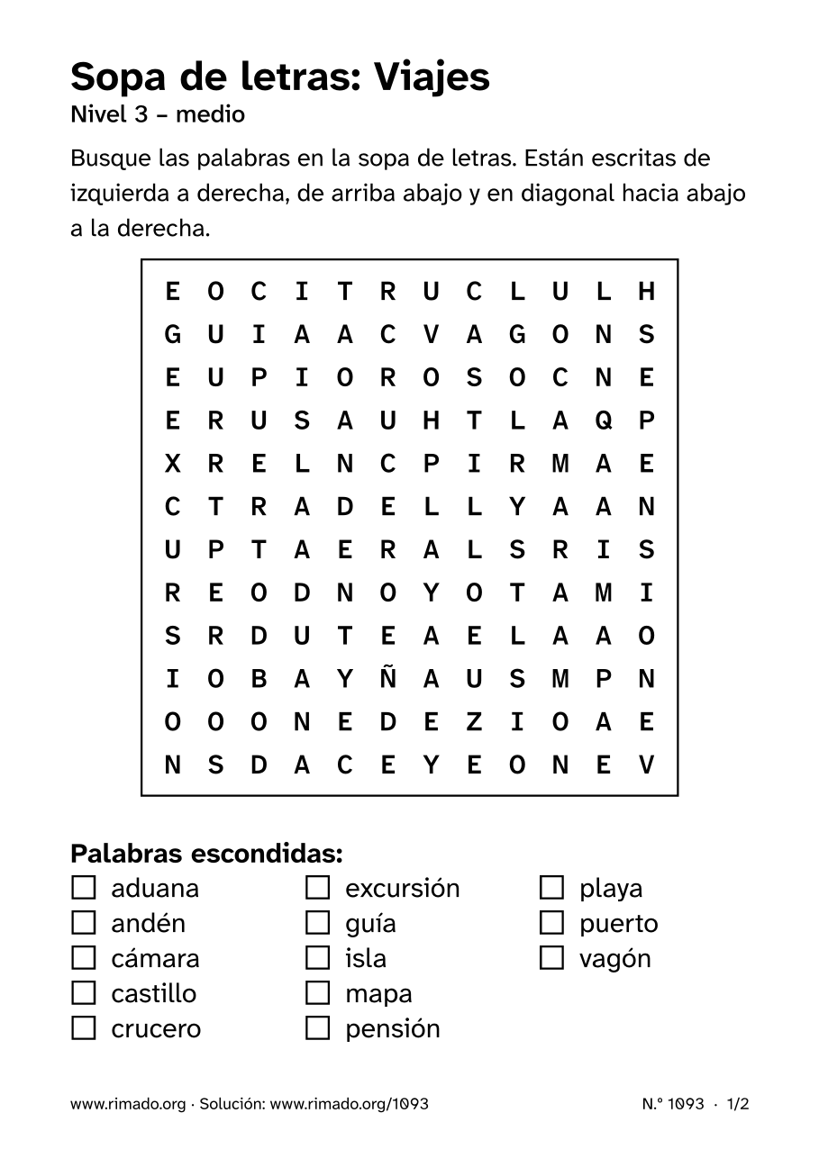 Vista previa de la hoja impresa: Sopa de letras «Viajes», n.º 1093