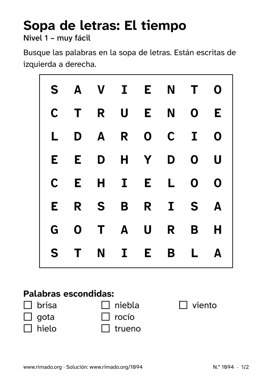 Vista previa de la hoja impresa: Sopa de letras «El tiempo», n.º 1094