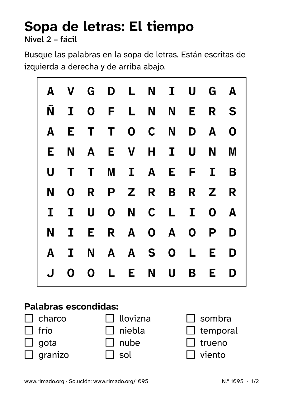 Vista previa de la hoja impresa: Sopa de letras «El tiempo», n.º 1095