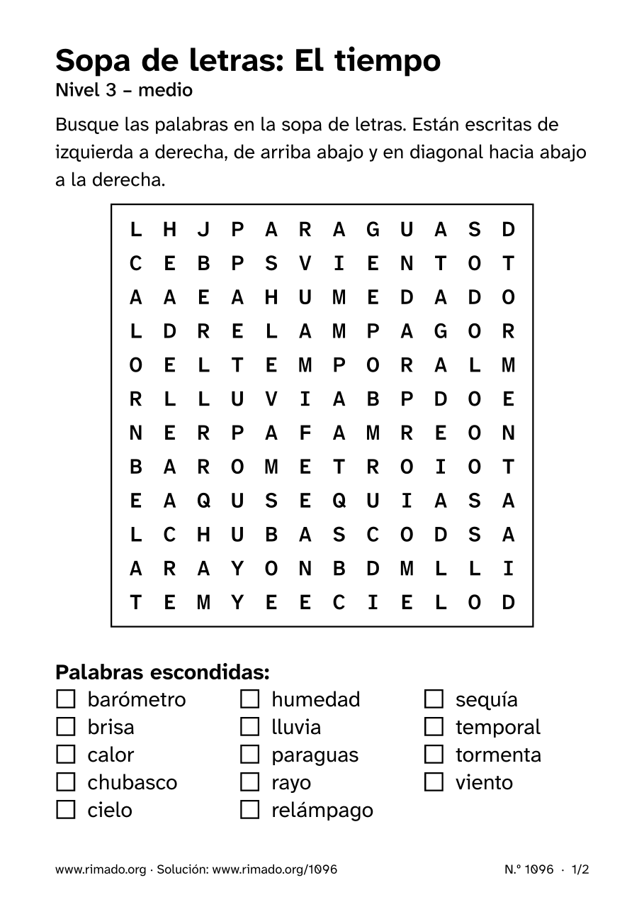 Vista previa de la hoja impresa: Sopa de letras «El tiempo», n.º 1096