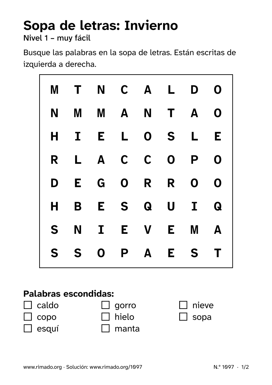 Vista previa de la hoja impresa: Sopa de letras «Invierno», n.º 1097