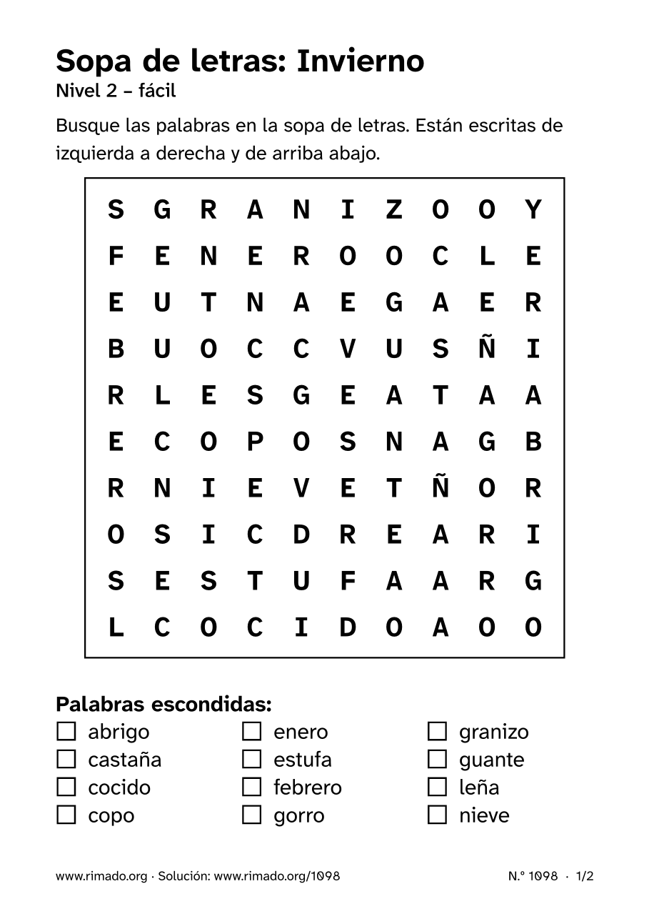 Vista previa de la hoja impresa: Sopa de letras «Invierno», n.º 1098