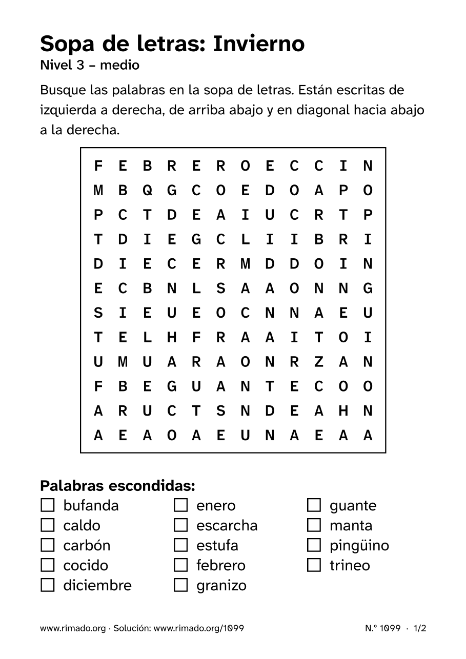 Vista previa de la hoja impresa: Sopa de letras «Invierno», n.º 1099