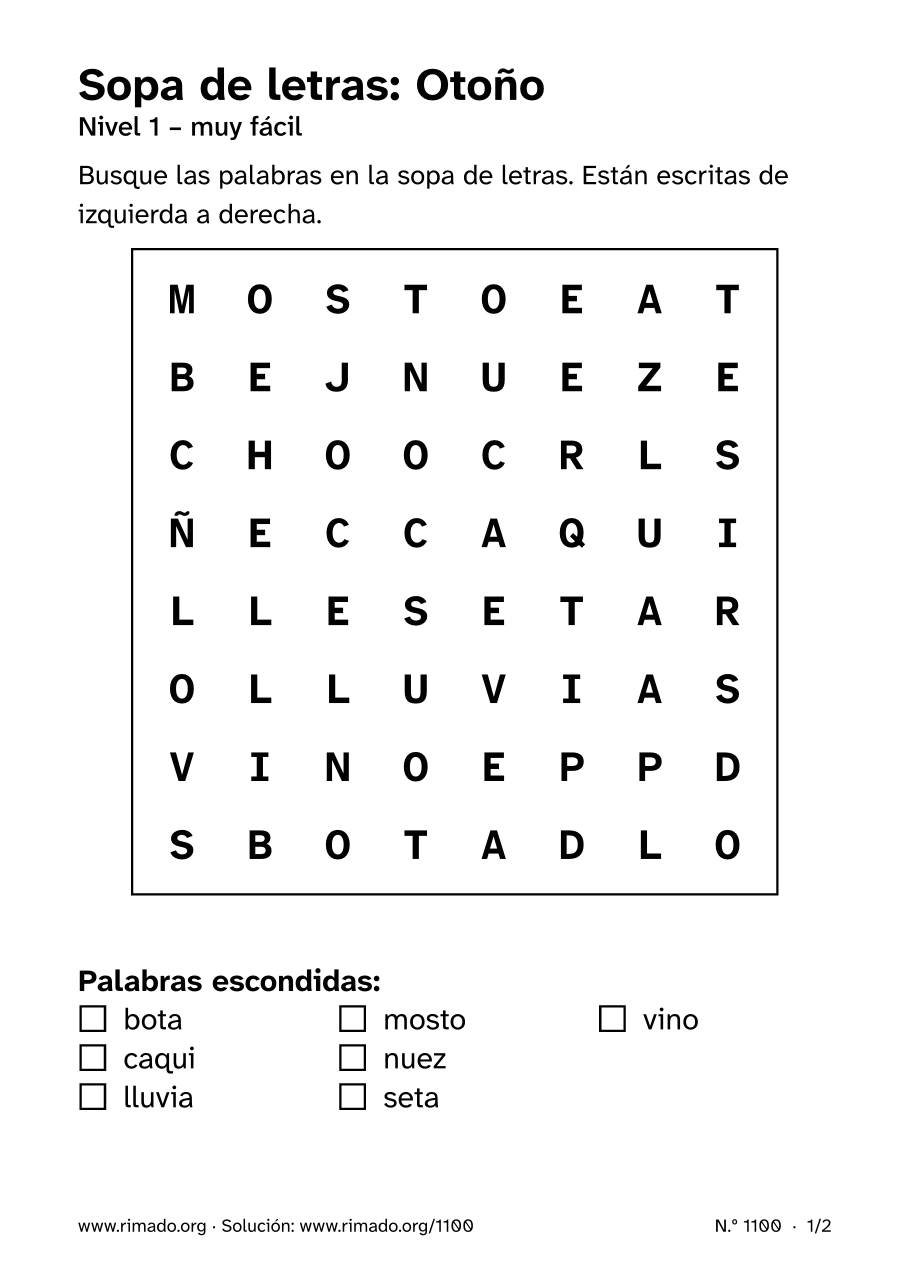 Vista previa de la hoja impresa: Sopa de letras «Otoño», n.º 1100