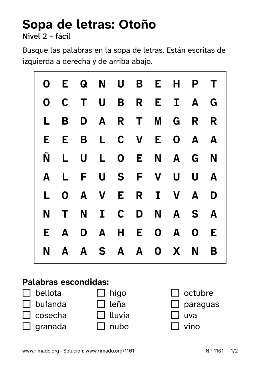 Vista previa de la hoja impresa: Sopa de letras «Otoño», n.º 1101