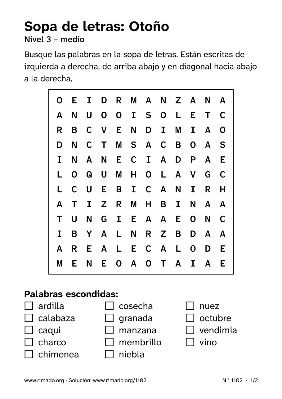 Vista previa de la hoja impresa: Sopa de letras «Otoño», n.º 1102