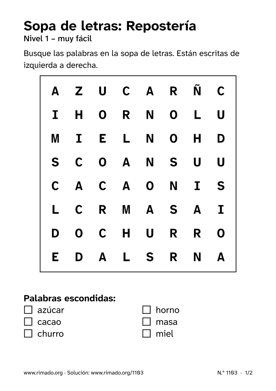 Vista previa de la hoja impresa: Sopa de letras «Repostería», n.º 1103