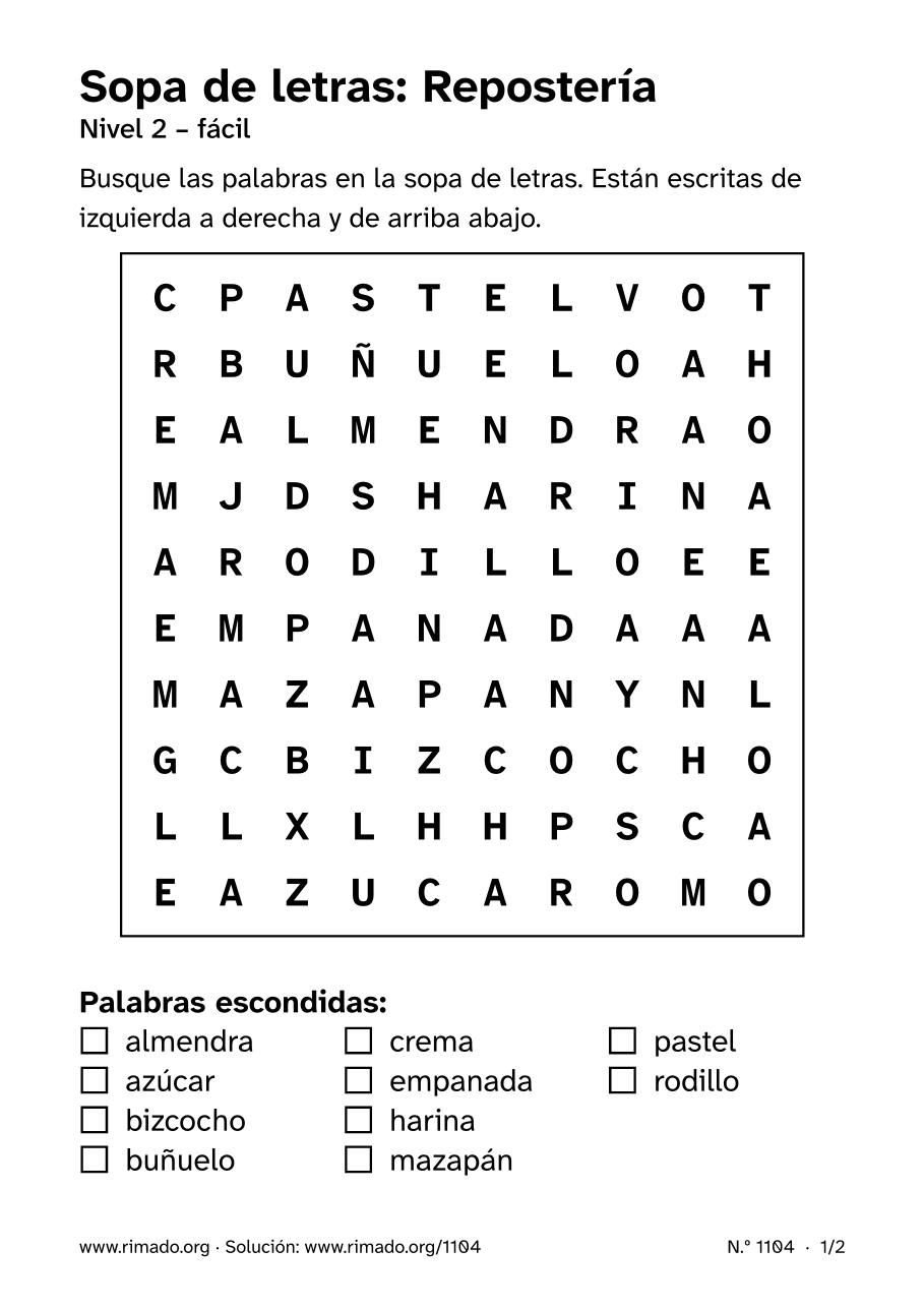 Vista previa de la hoja impresa: Sopa de letras «Repostería», n.º 1104