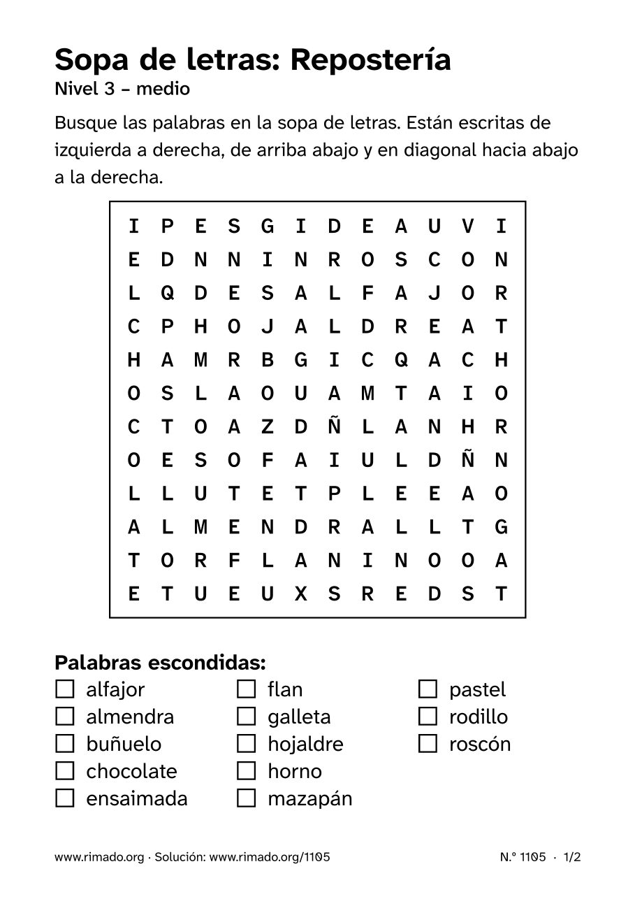 Vista previa de la hoja impresa: Sopa de letras «Repostería», n.º 1105