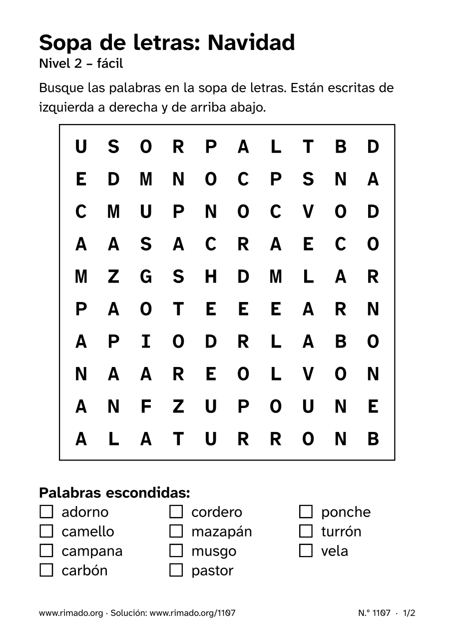 Vista previa de la hoja impresa: Sopa de letras «Navidad», n.º 1107