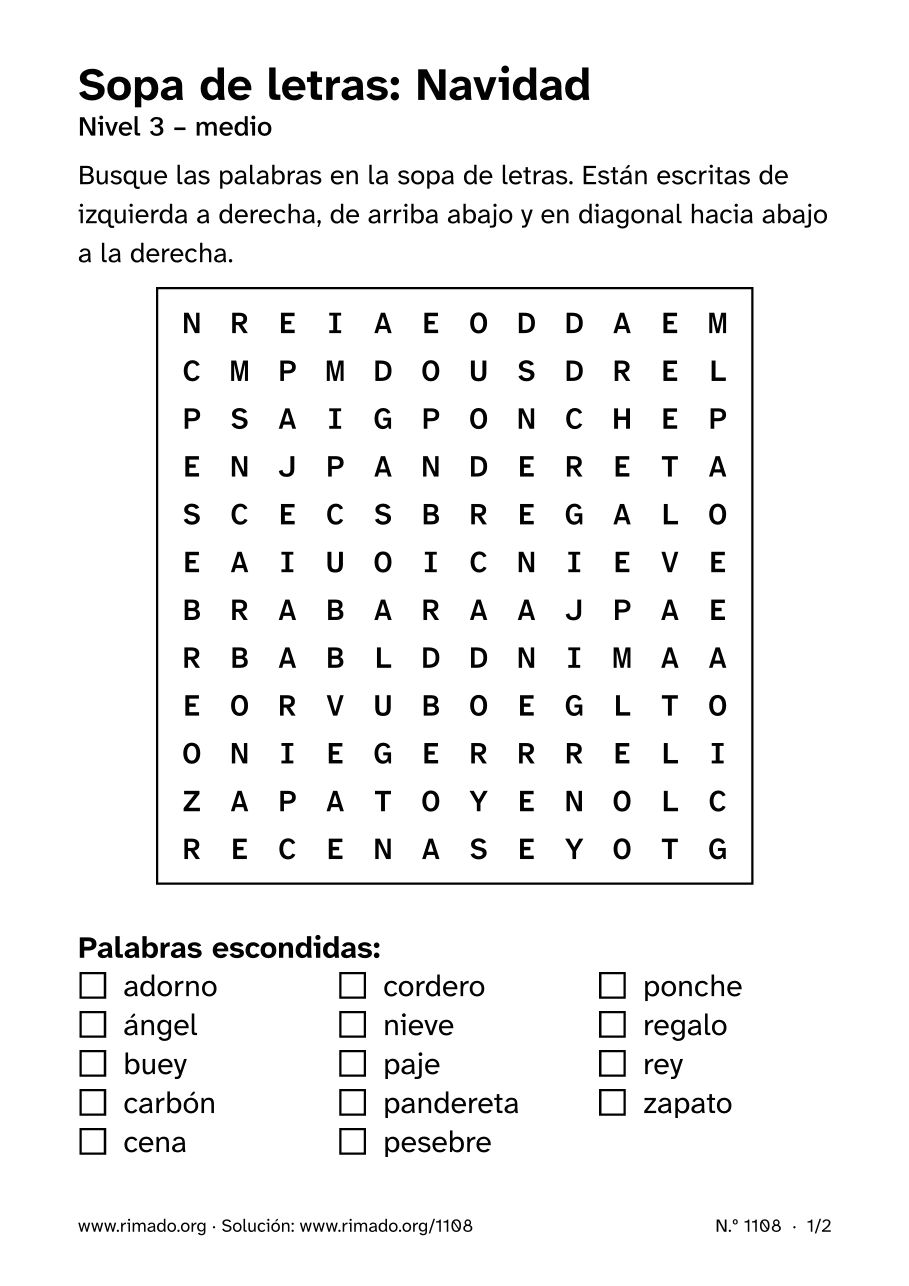 Vista previa de la hoja impresa: Sopa de letras «Navidad», n.º 1108