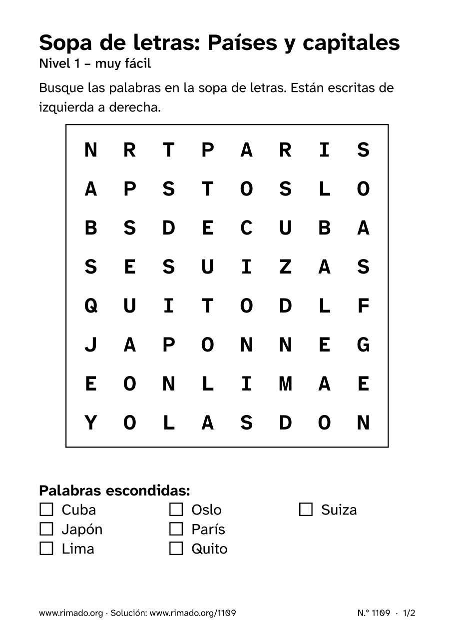 Vista previa de la hoja impresa: Sopa de letras «Países y capitales», n.º 1109