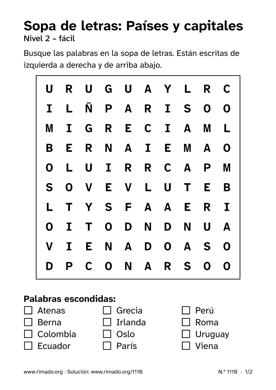 Vista previa de la hoja impresa: Sopa de letras «Países y capitales», n.º 1110