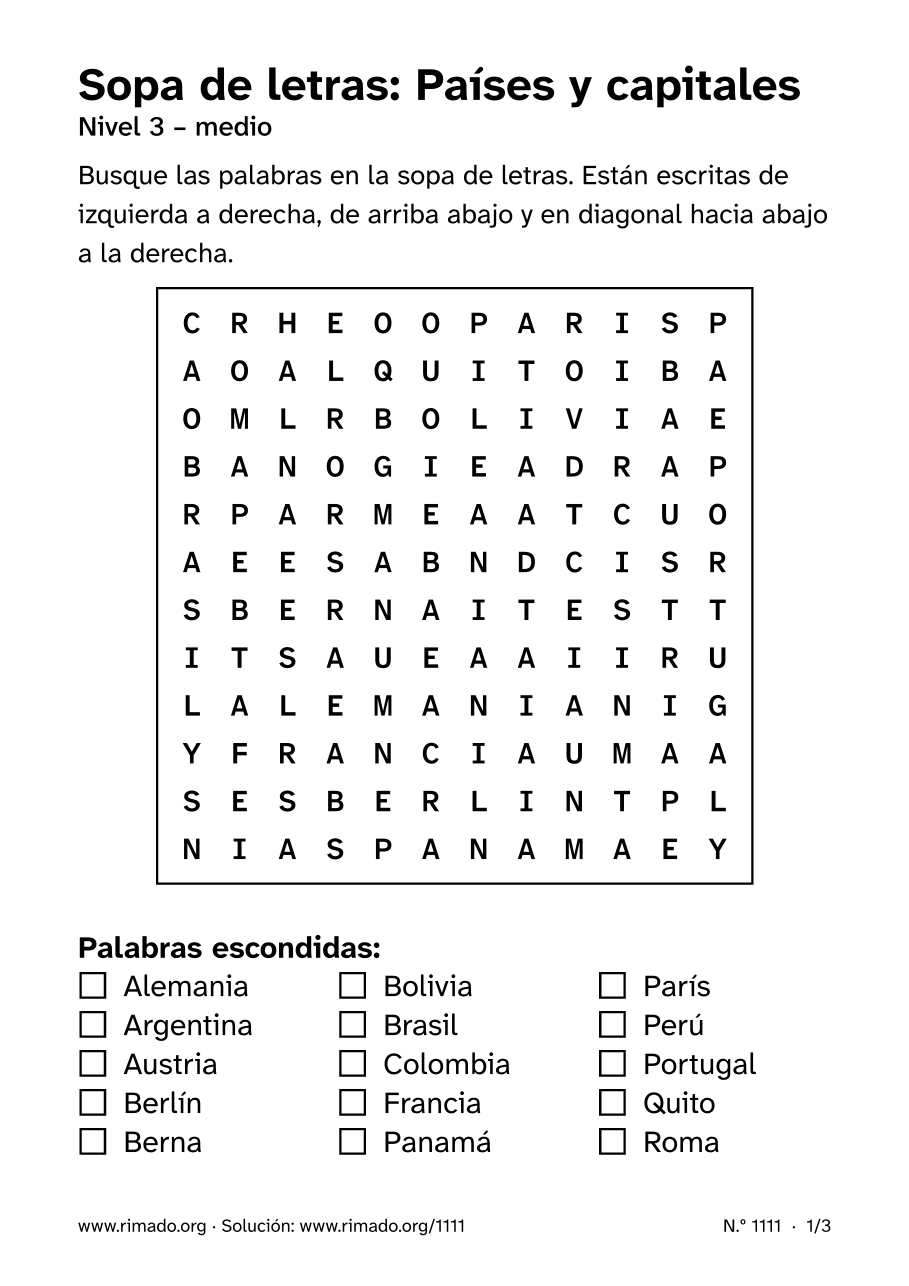 Vista previa de la hoja impresa: Sopa de letras «Países y capitales», n.º 1111