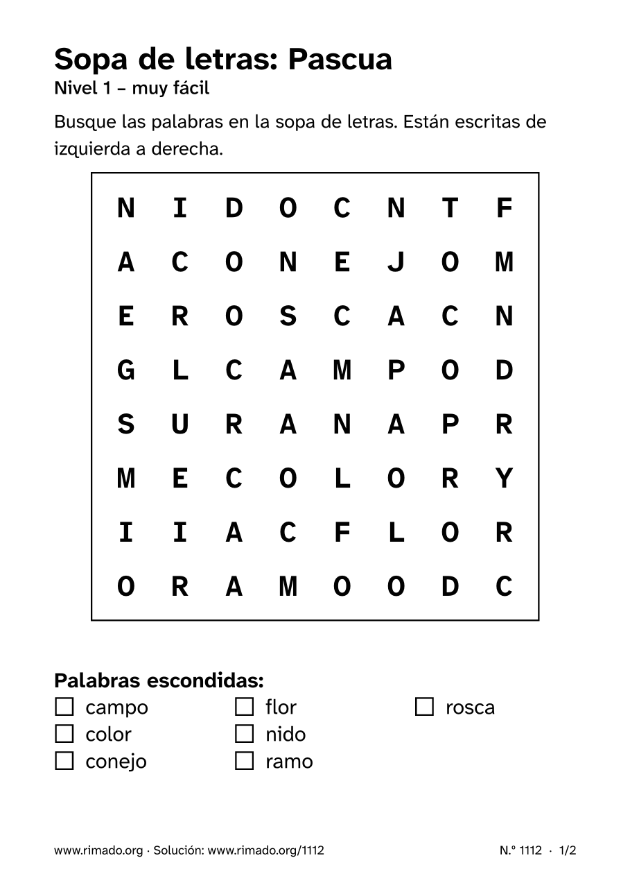 Vista previa de la hoja impresa: Sopa de letras «Pascua», n.º 1112