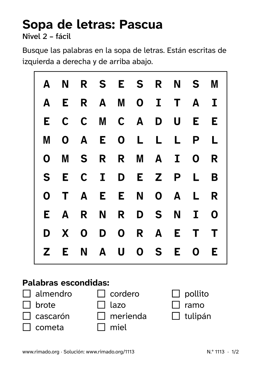 Vista previa de la hoja impresa: Sopa de letras «Pascua», n.º 1113