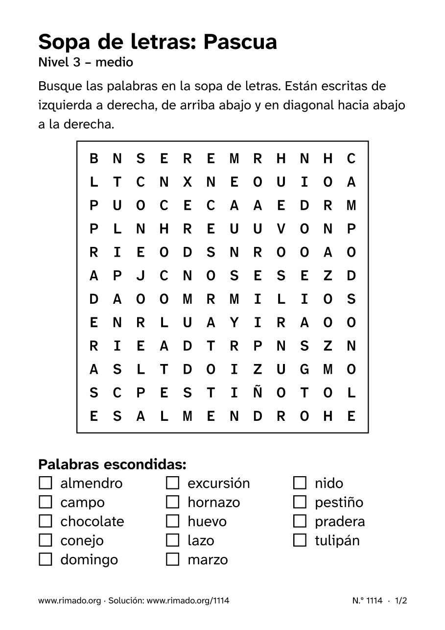 Vista previa de la hoja impresa: Sopa de letras «Pascua», n.º 1114