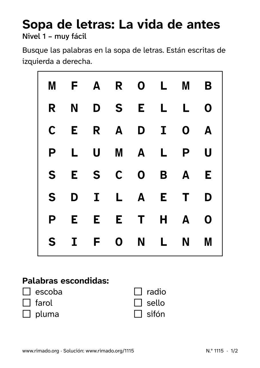 Vista previa de la hoja impresa: Sopa de letras «La vida de antes», n.º 1115