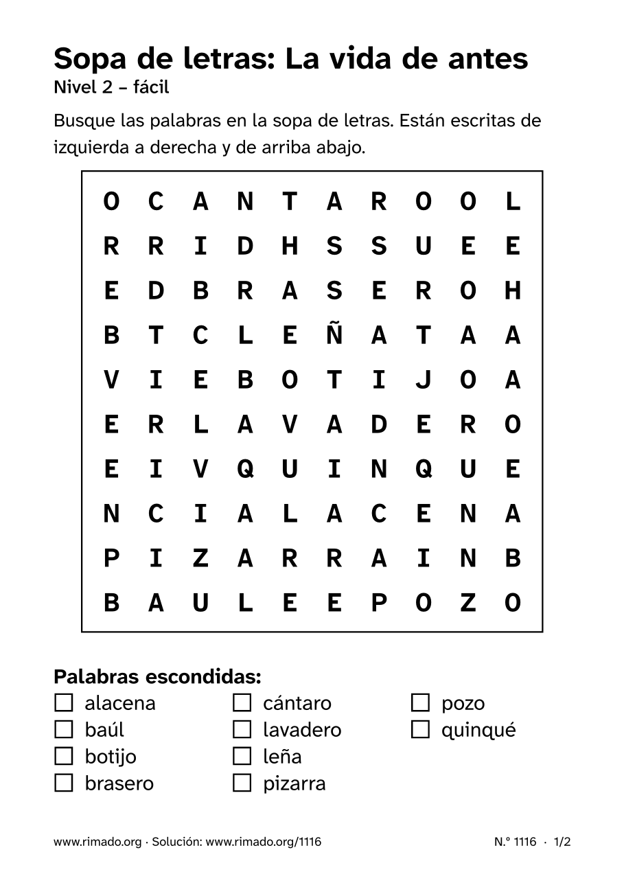 Vista previa de la hoja impresa: Sopa de letras «La vida de antes», n.º 1116