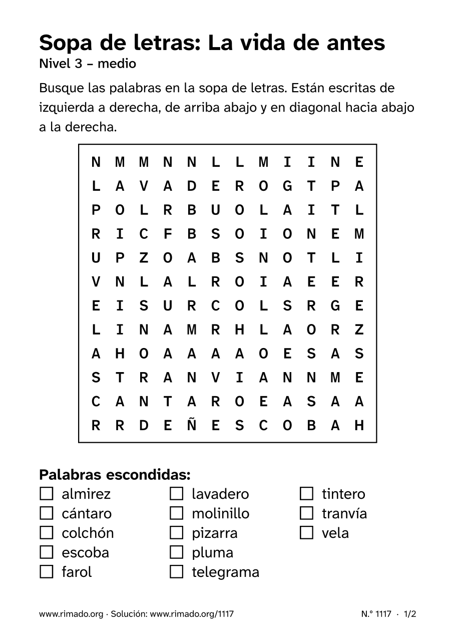 Vista previa de la hoja impresa: Sopa de letras «La vida de antes», n.º 1117