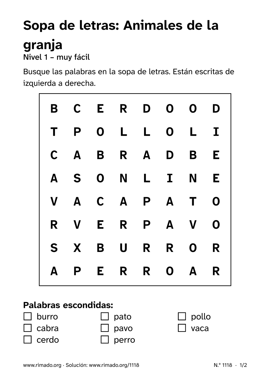 Vista previa de la hoja impresa: Sopa de letras «Animales de la granja», n.º 1118