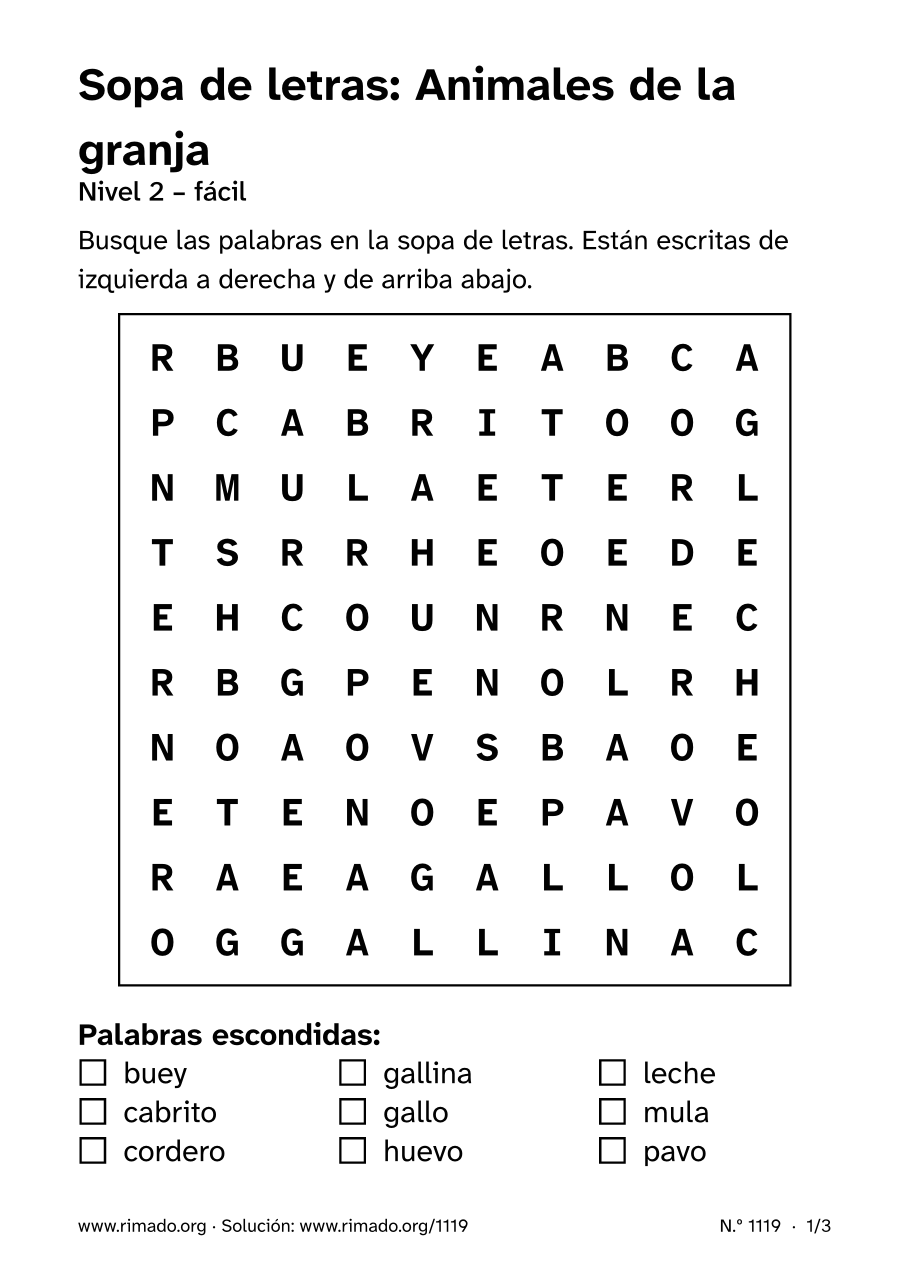 Vista previa de la hoja impresa: Sopa de letras «Animales de la granja», n.º 1119