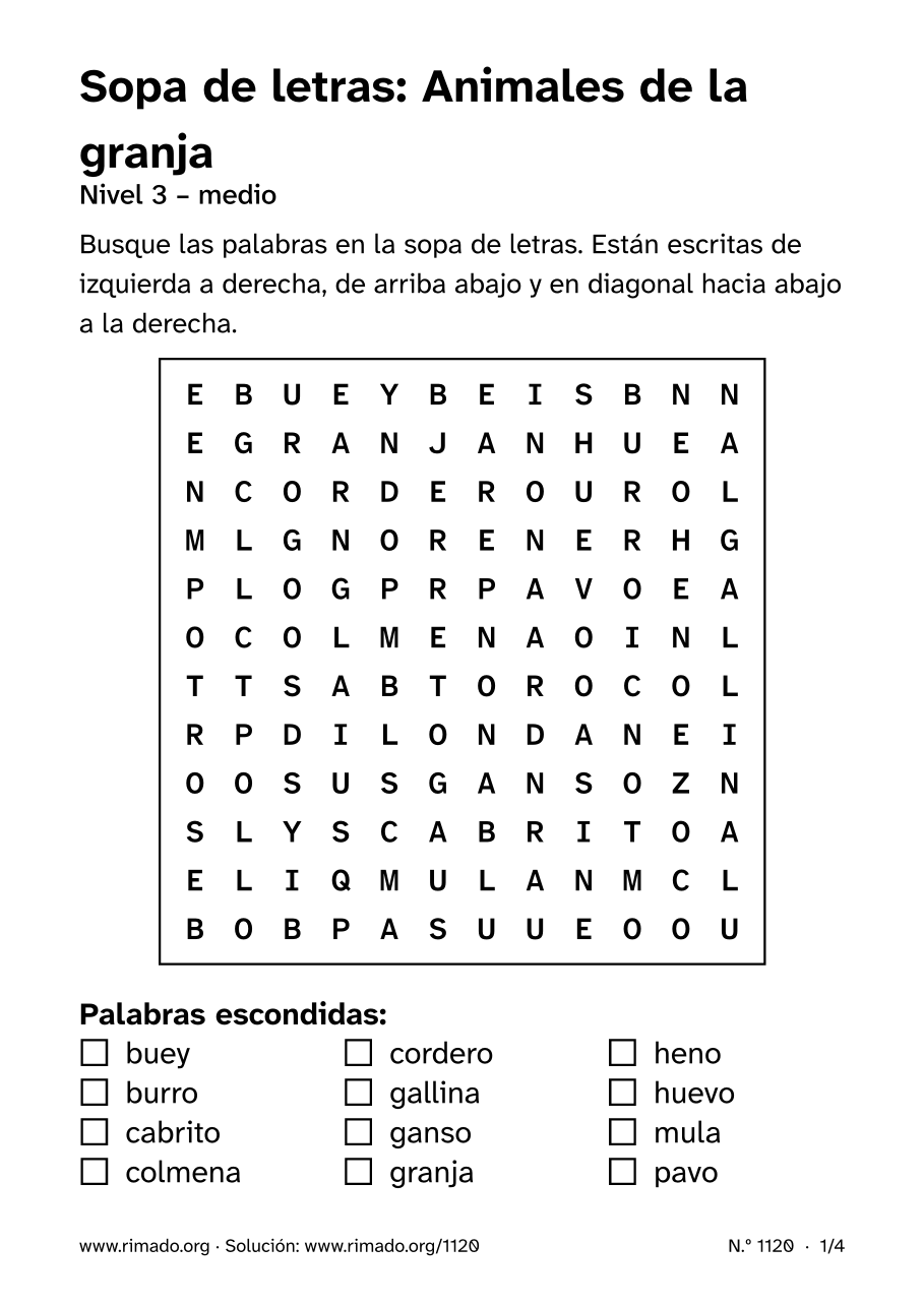 Vista previa de la hoja impresa: Sopa de letras «Animales de la granja», n.º 1120