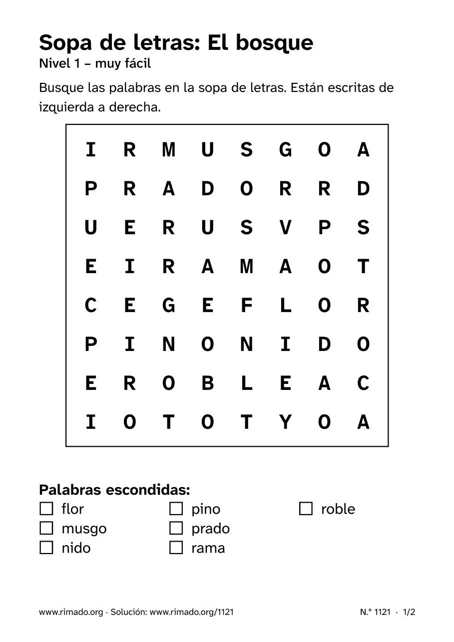 Vista previa de la hoja impresa: Sopa de letras «El bosque», n.º 1121