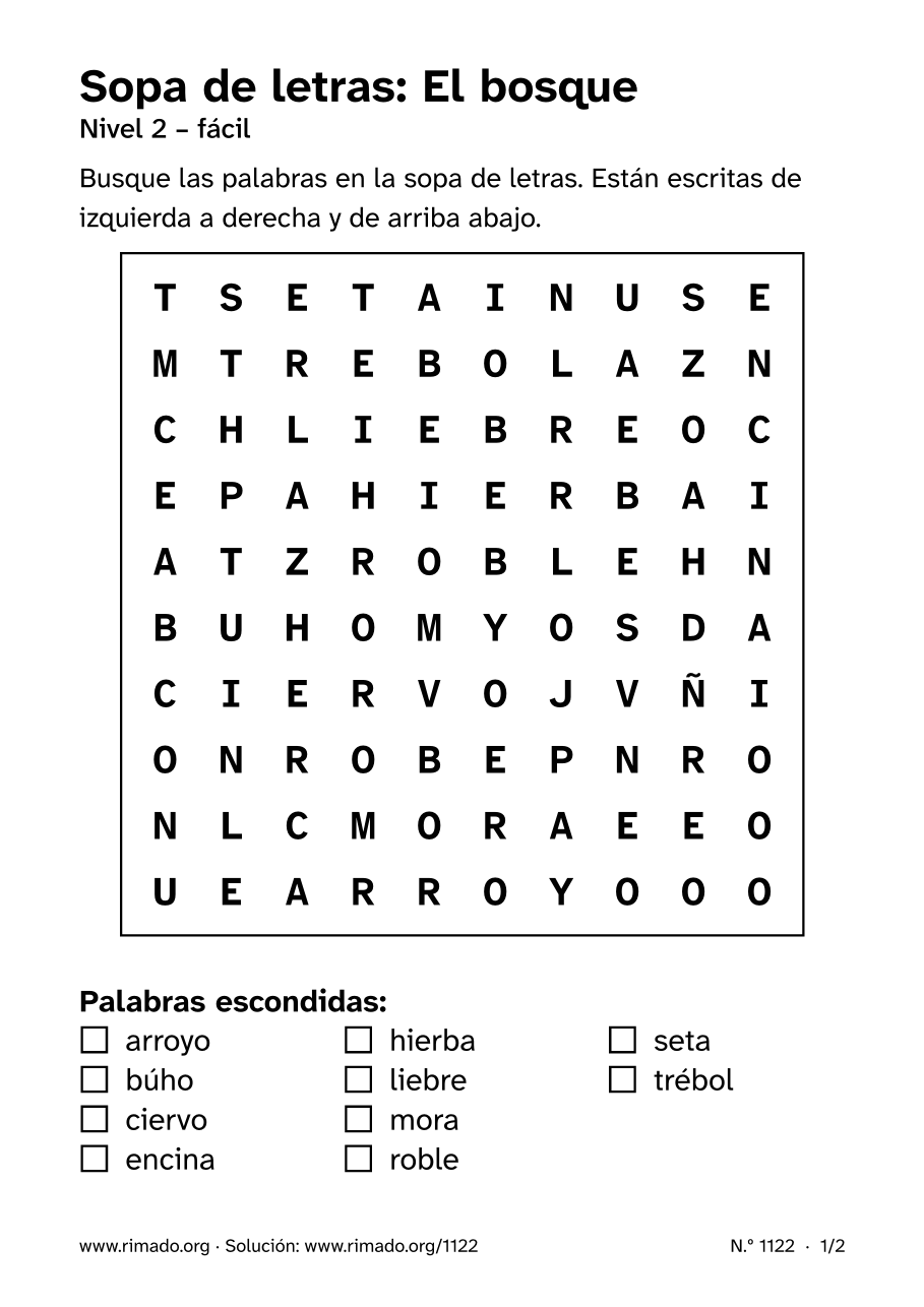 Vista previa de la hoja impresa: Sopa de letras «El bosque», n.º 1122