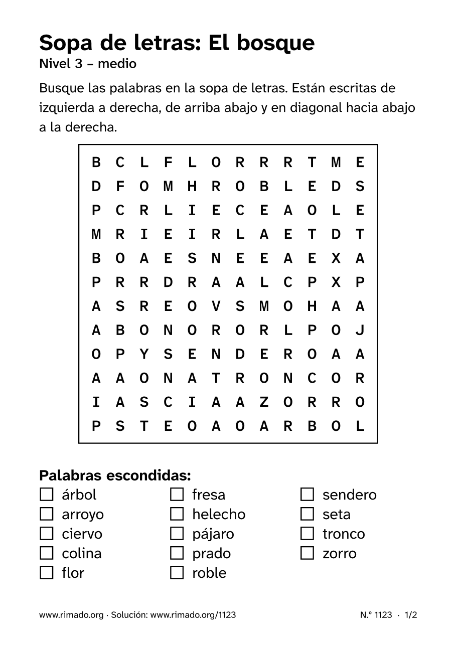 Vista previa de la hoja impresa: Sopa de letras «El bosque», n.º 1123