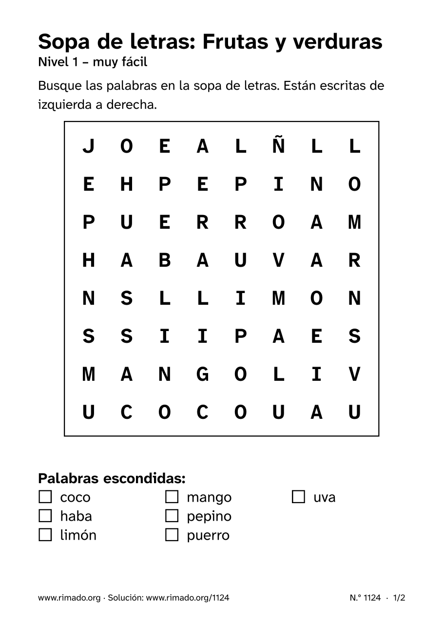 Vista previa de la hoja impresa: Sopa de letras «Frutas y verduras», n.º 1124