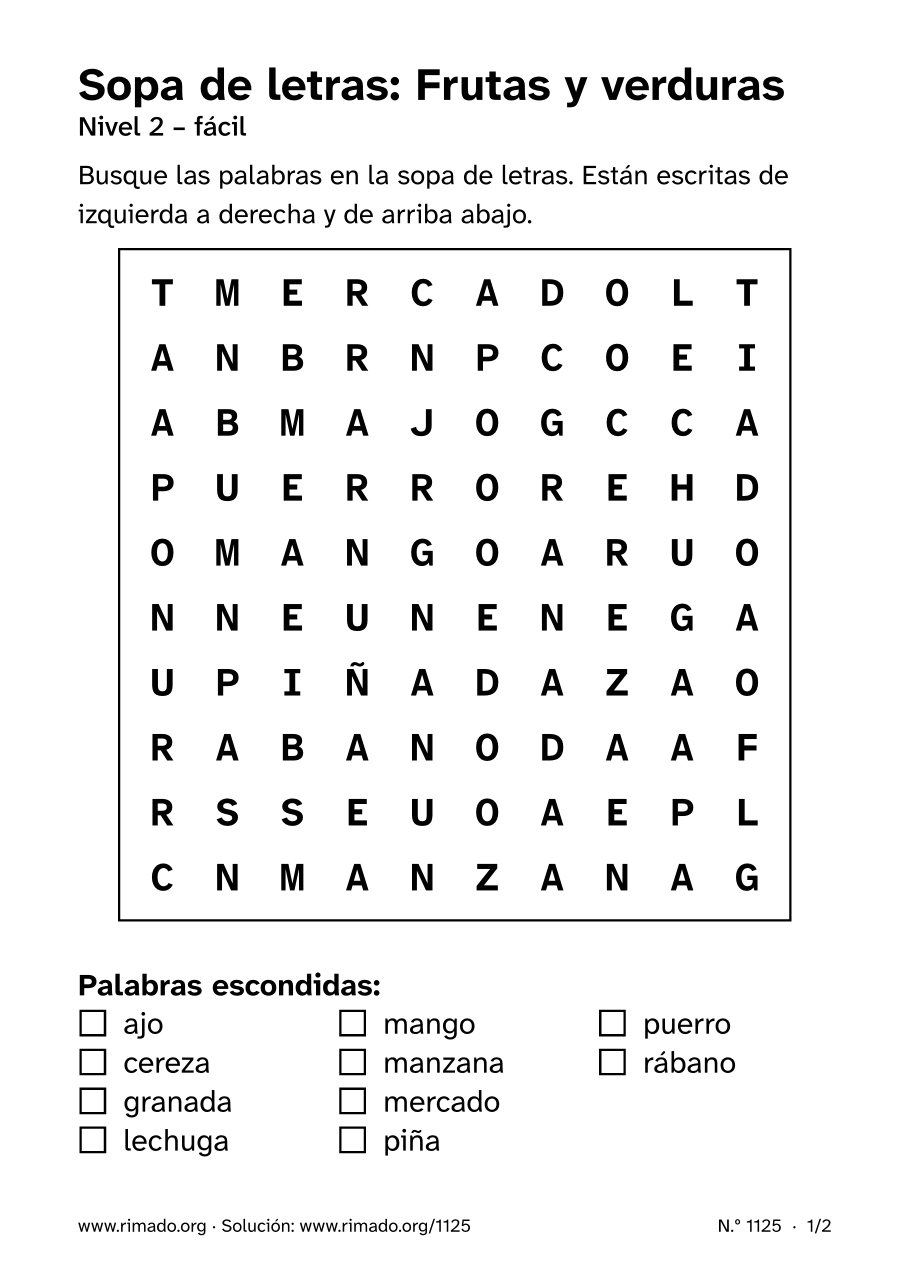 Vista previa de la hoja impresa: Sopa de letras «Frutas y verduras», n.º 1125