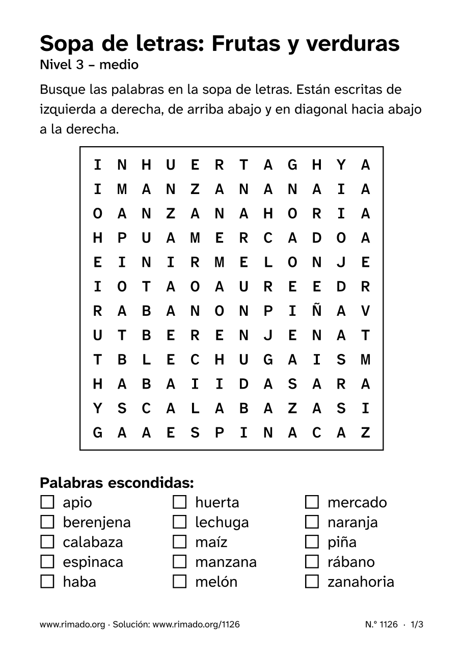 Vista previa de la hoja impresa: Sopa de letras «Frutas y verduras», n.º 1126