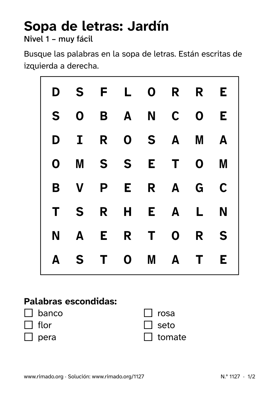 Vista previa de la hoja impresa: Sopa de letras «Jardín», n.º 1127