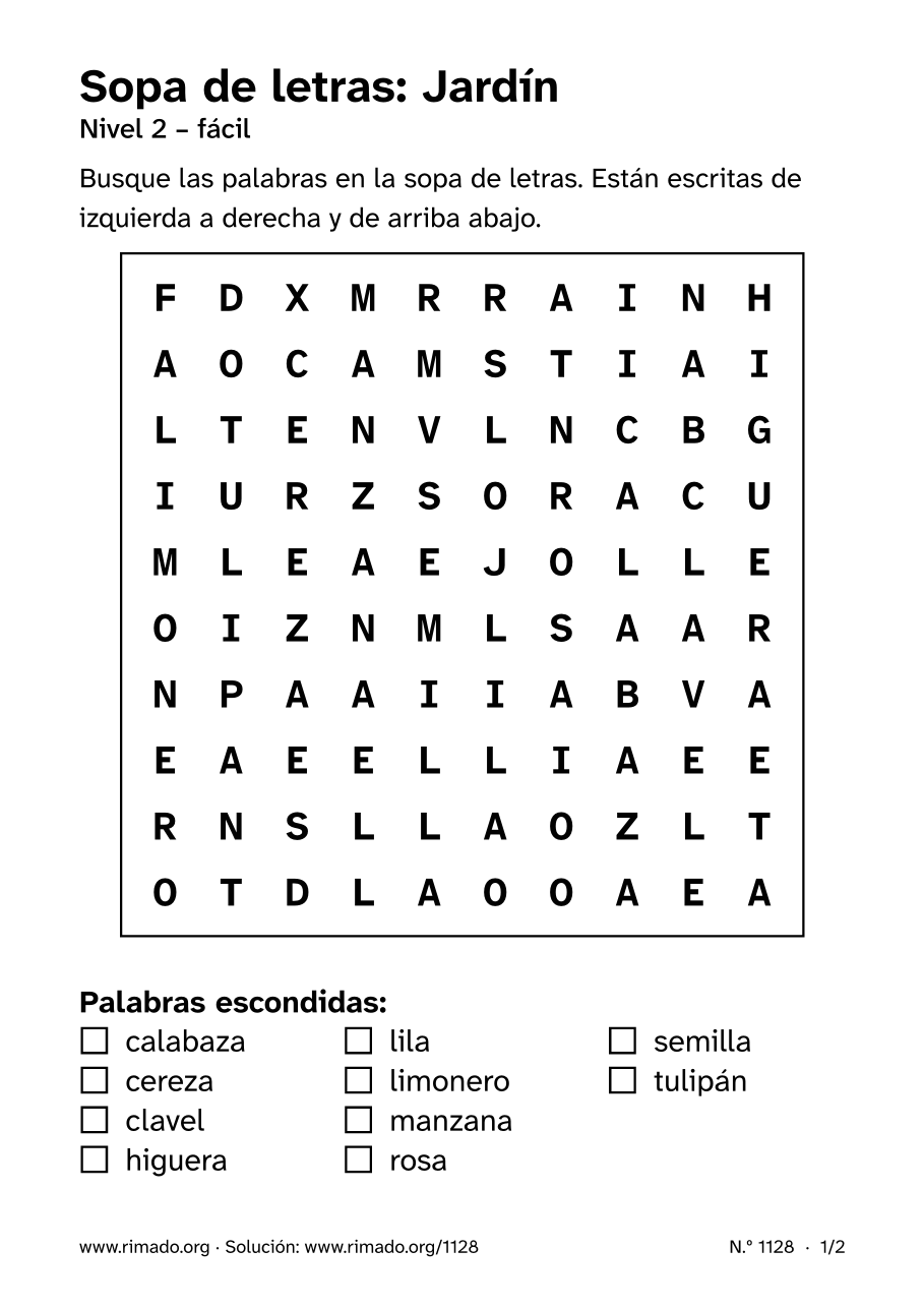 Vista previa de la hoja impresa: Sopa de letras «Jardín», n.º 1128