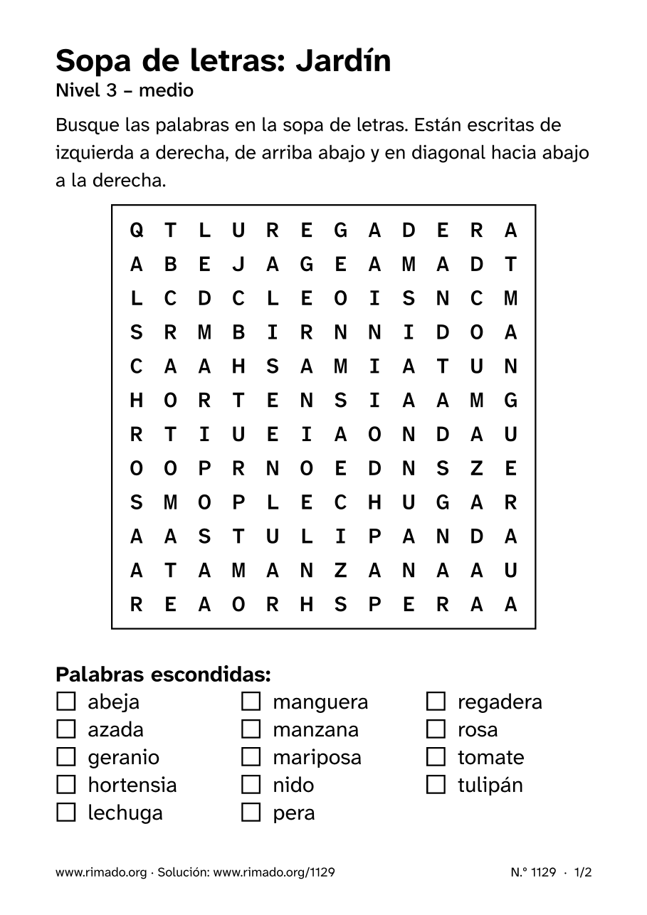 Vista previa de la hoja impresa: Sopa de letras «Jardín», n.º 1129