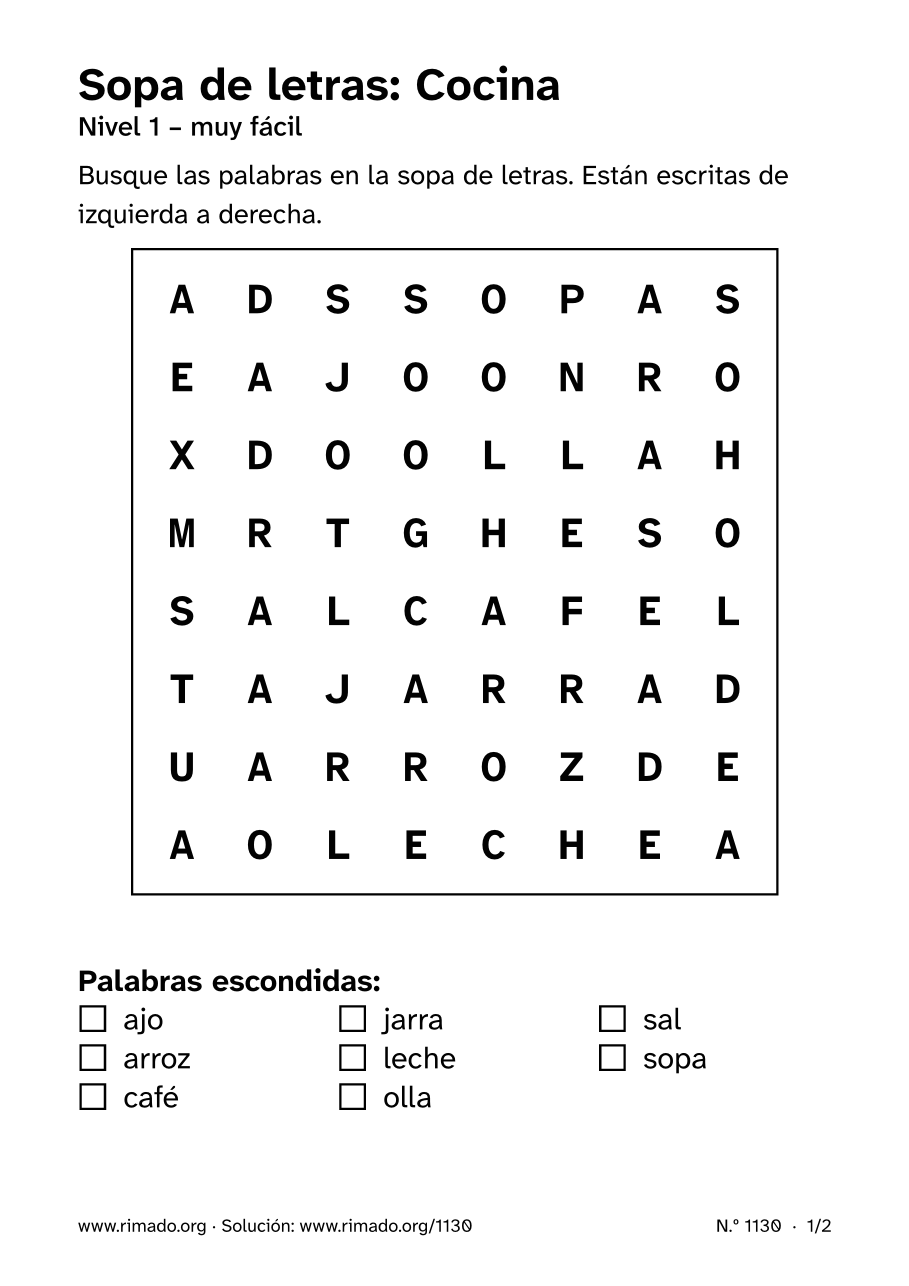 Vista previa de la hoja impresa: Sopa de letras «Cocina», n.º 1130