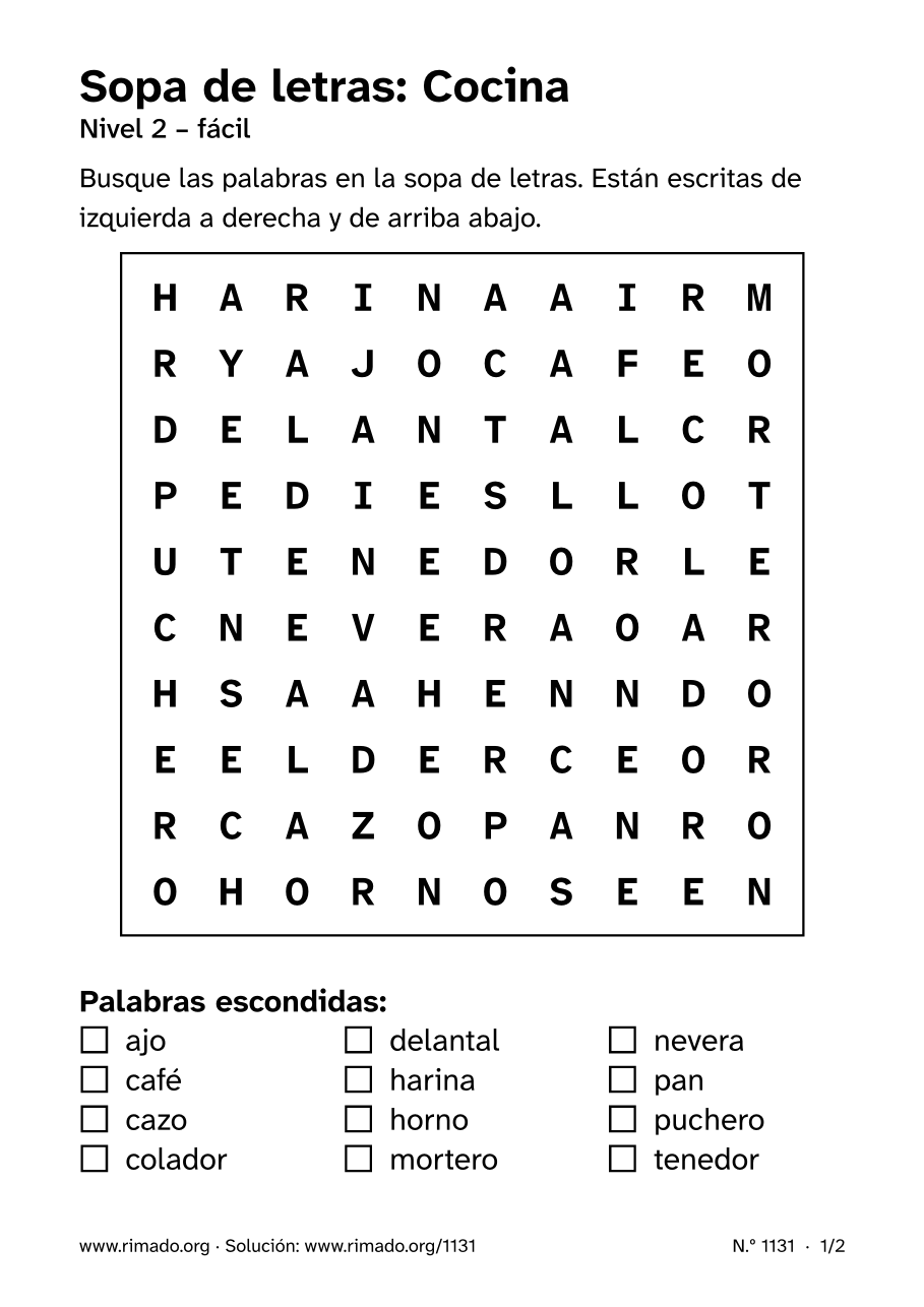Vista previa de la hoja impresa: Sopa de letras «Cocina», n.º 1131