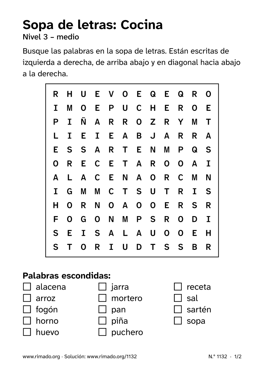 Vista previa de la hoja impresa: Sopa de letras «Cocina», n.º 1132