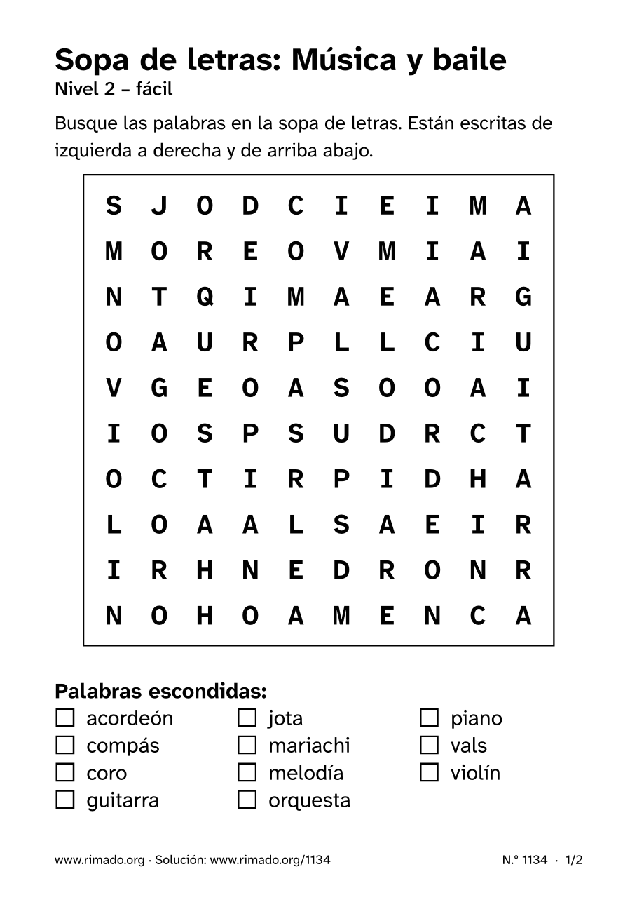 Vista previa de la hoja impresa: Sopa de letras «Música y baile», n.º 1134