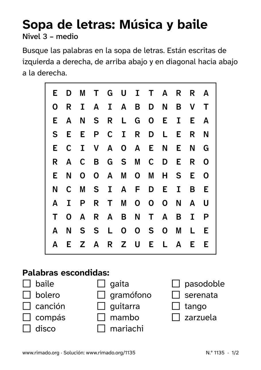 Vista previa de la hoja impresa: Sopa de letras «Música y baile», n.º 1135