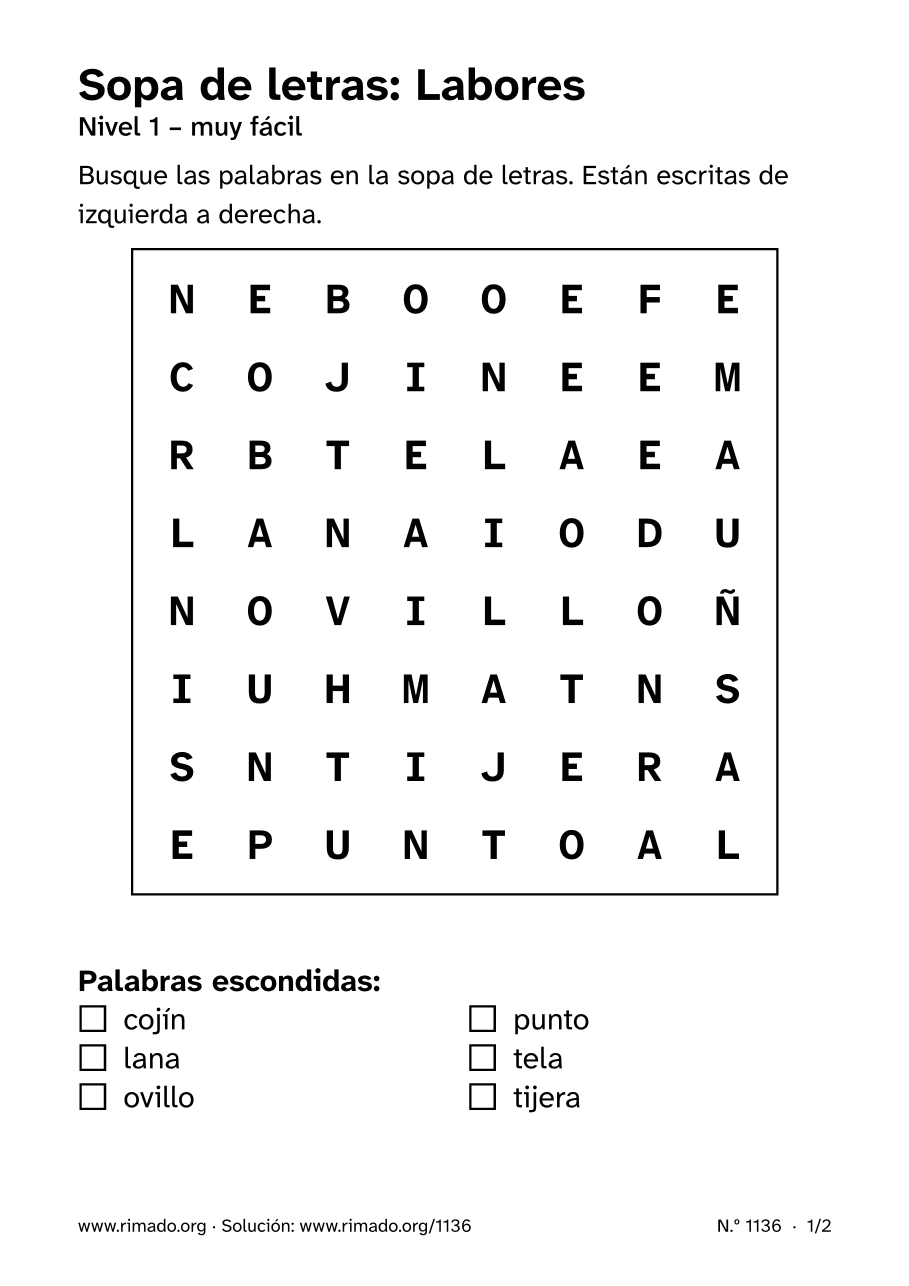 Vista previa de la hoja impresa: Sopa de letras «Labores», n.º 1136