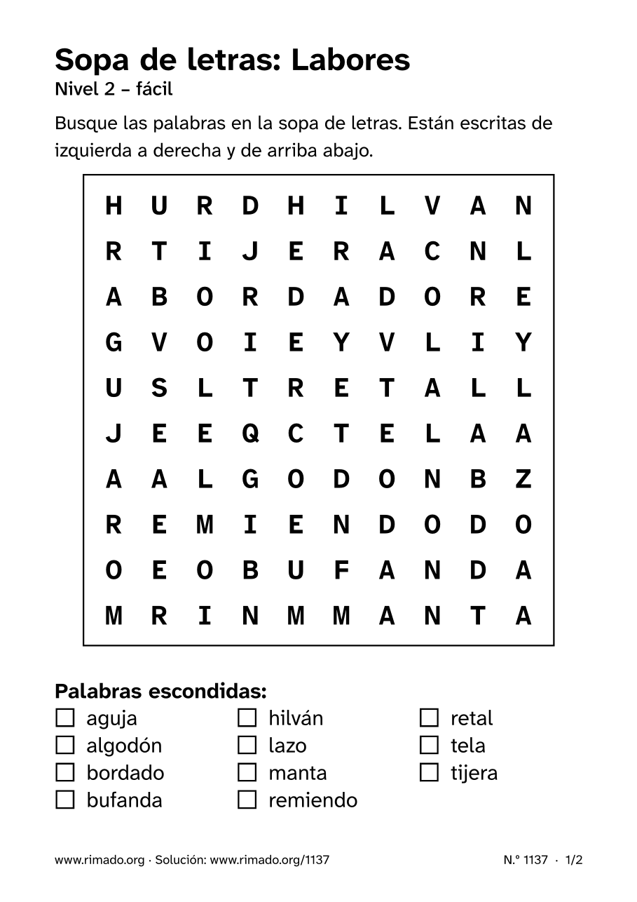 Vista previa de la hoja impresa: Sopa de letras «Labores», n.º 1137
