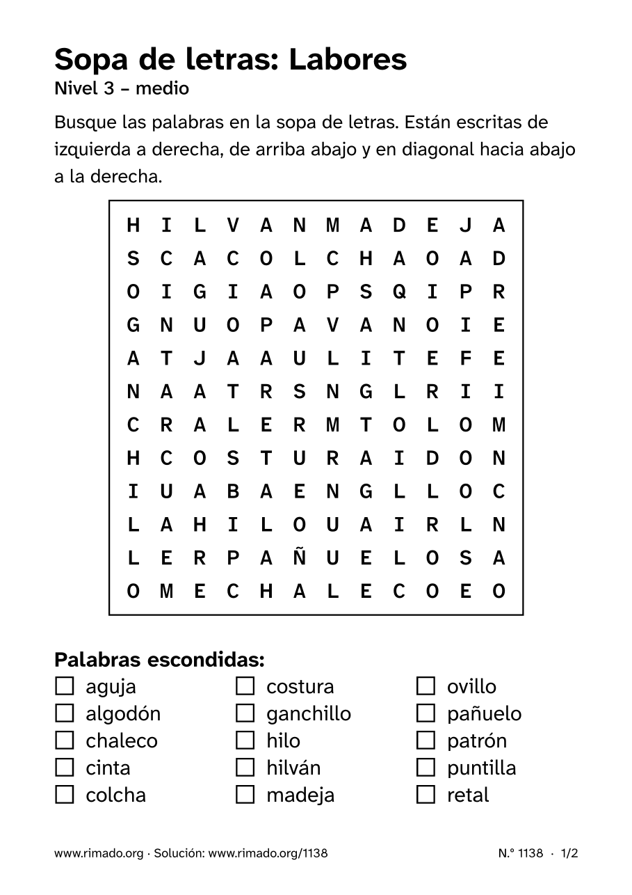 Vista previa de la hoja impresa: Sopa de letras «Labores», n.º 1138