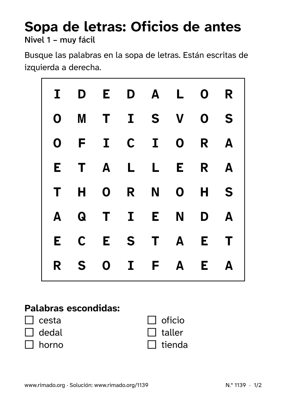 Vista previa de la hoja impresa: Sopa de letras «Oficios de antes», n.º 1139